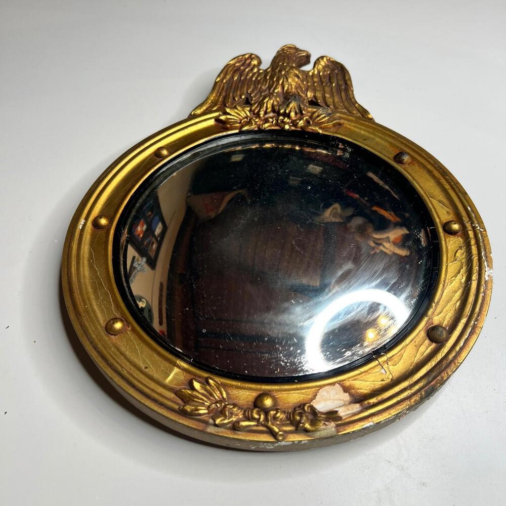 Antique Convex Mirror Eagle Crest Gilt Wood Frame Federal Wall Decor